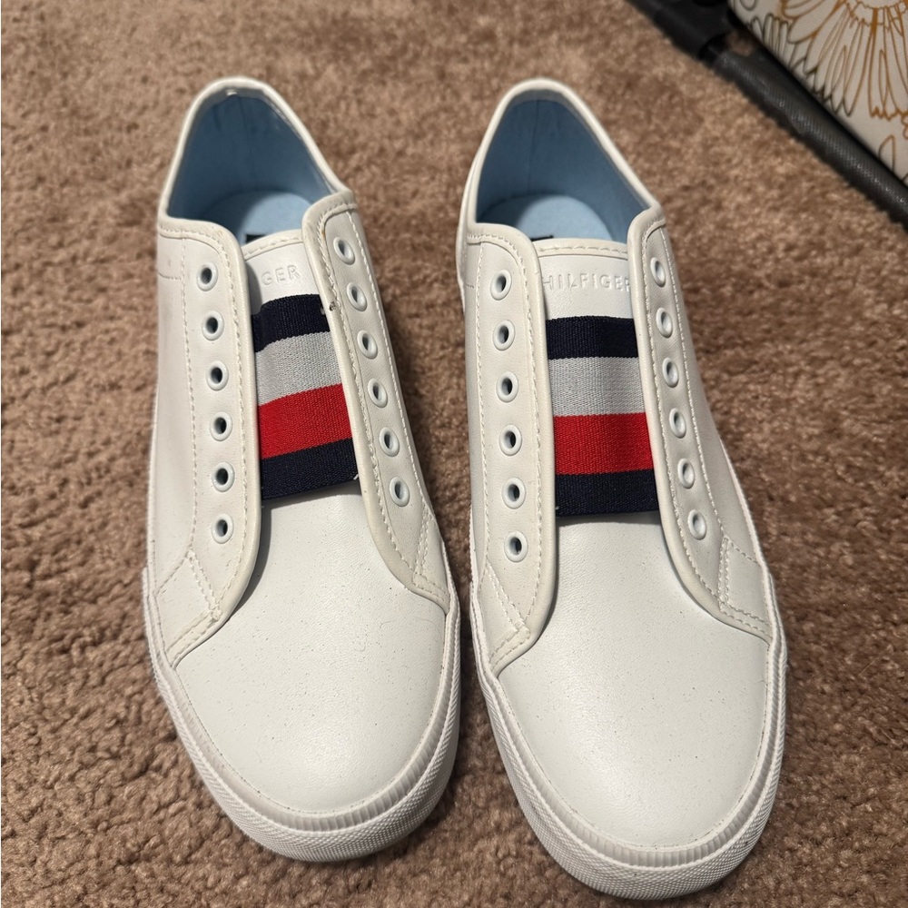 Tommy Hilfiger White Slip-On Sneakers with Red & Navy Stripe
